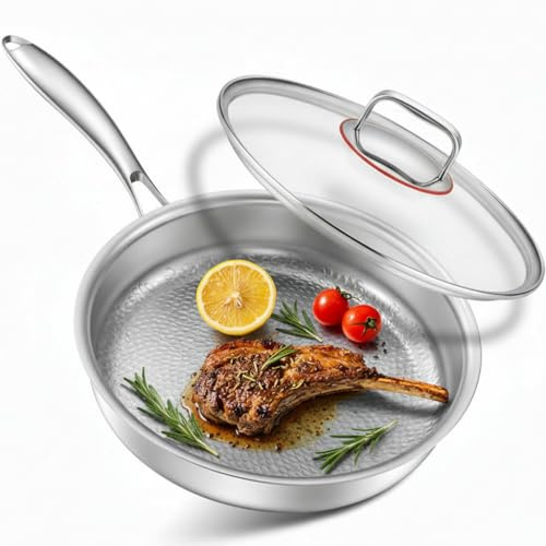 Abijan Sartén de acero inoxidable de 28 cm, sartén de titanio sin recubrimiento con superficie de escala de peces, sartén de inducción de acero inoxidable 18/10 con tapa, sartén de acero inoxidable