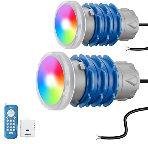 OSREE Mini Luci Piscina LED con Filettatura 1 1/2, 6W Lampade Piscina RGB Multicolore con Telecomando, 240lm, Ø49mm, 12V AC IP68 Impermeabile Faro per Bocchetta Piscinas Interrate e Cemento, Set da 2