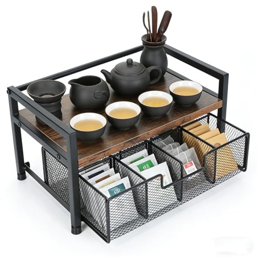 Punorric 2 Tier Tea Bag Storage Holder Coffee Station Organizer with Pull-Out Drawer, Wooden Tea Box Shelf Mesh Coffee Pod Storage Rack for Kitchen, Countertop, Office, Bathroom, Dressing