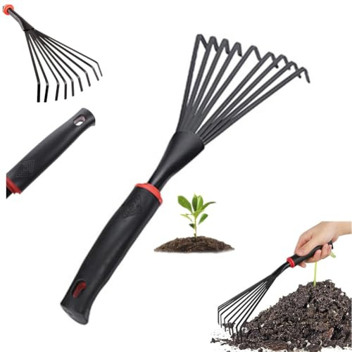 Râteau à main de jardinage, râteau à main en métal, 9 dents en acier inoxydable, petit râteau de jardin avec poignée en plastique, outils à main de jardin suspendus, outils de jardinage portables pour