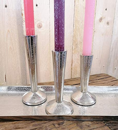 MichaelNoll 3er Set Kerzenständer Kerzenhalter Aluminium Silber Deko - Kerzenleuchter aus Metall - Tischdeko Hochzeit - H 13 cm / 15,5 cm / 18 cm