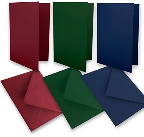 30 Falt-Karten Sets - DIN A6-160 g/m² - Dunkelrot - Dunkelgrün - Dunkelblau - mit Brief-Umschlägen DIN C6-80 g/m² Nassklebung
