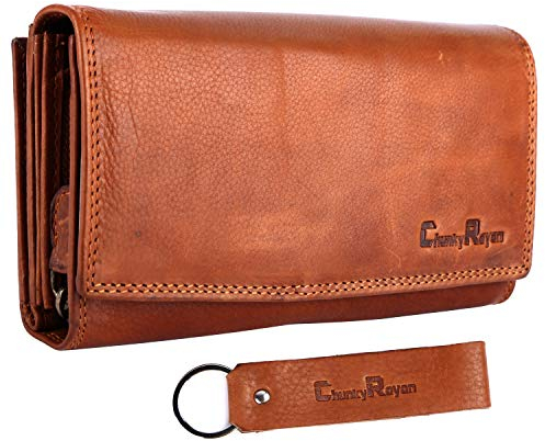 Chunkyrayan Damen Portemonnaie Echtleder XXL RFID Schutz inklusive Leder Schlüsselanhänger P GB-7 Brown 1