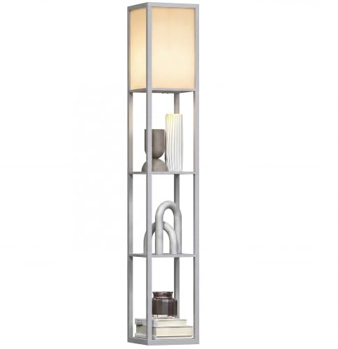 HOMCOM 3-Tier Floor Lamp, Bulb not Included, Grey | Modern Corner Standing Lamp with Shelves and Storage, Lampshade, Foot Switch for Living Room, Bedroom, Home Office