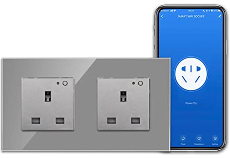 CNBINGO WiFi Double Socket, Smart Switched Socket with Indicator,Smart Life App Control,Timer,Wall Power Socket Work with Alexa, Google Assistant,Grey Glass Panel,Outlet AC 13Amp 240V