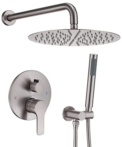 Iriber Brushed Nickel Shower System Wall Mounted Shower Faucet Mixer Set with 10 Inches Rain Shower head and Handheld, Bathroom Shower Trim Kit Contain Pressure Balance Valve