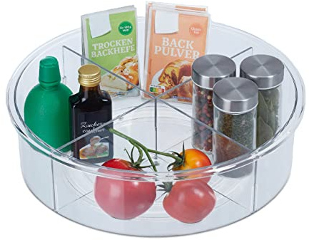 Relaxdays Drehteller, D 30 cm, Ordnungssystem für Küche und Bad, 4 Fächer, drehbarer Kühlschrank Organizer, transparent