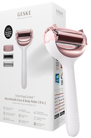 GESKE | SmartAppGuided™ MicroNeedle Face & Body Roller | 9 en 1 | Derma Roller | Cuarzo rosa | Rodillo eléctrico | Microagujas | Dispositivo de microagujas | rodillo de agujas