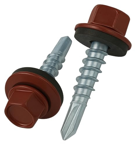 4.8 mm x 35 mm Takskruvar, Sexkantshuvud Självborrande Flerfärgad (RAL 3011 Brown Red) Skruvar med EPDM-förseglad Bricka, Rostsäker Zinkpläterad Härdad Grov Gänga Skruv (50 stycken)