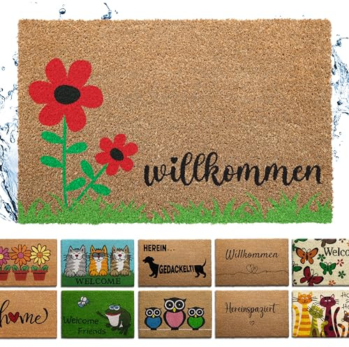 Bodenständig® Fußmatte Kokos [Wetterfest] - extrem robust - Fußabtreter außen - die Kokosmatte Fußmatte außen wetterfest. Fussmatte aussen 40x60 cm - Blume Design und willkommen Schriftzug
