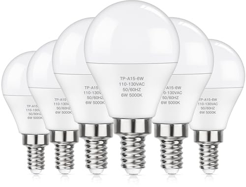 MAXvolador E12 LED 60W Equivalent Daylight White 5000K Ceiling Fan Bulbs, 600LM CRI 85+ Small Base Candelabra Bulbs, 6W Non-Dimmable, Pack of 6
