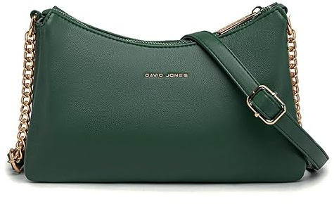 David Jones - Damen Umhängetasche Klein - Kette Handtasche Weich PU Leder - Crossbody Bag Flache 3 Fächern Schultertasche - Abendtasche Clutch Alltag Modisch Elegant Party Reise Arbeit - Grün