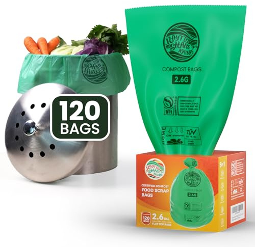 RAYTID Compostable trash Bags 2.6 Gallon Compost Bags for Kitchen Countertop Bin 1.3,2,3, Gallon, 120 Count,Small Kitchen Food Scrap Waste Bags,ASTM D6400, US BPI & Europe OK Compost Home Certified