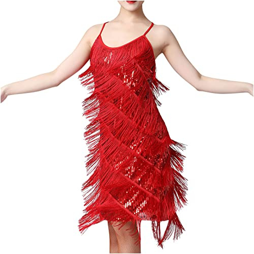 1920er Fransenkleid mit Träger Sexy Schulterfrei Partykleid Elegant Einfarbige Lateinisches Tanzkleid ärmellos Quadratischer Kragen Quastenkleid Knielang Cocktailkleid Wickelkleider