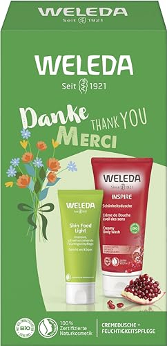 WELEDA Bio Geschenk Set Danke - Naturkosmetik Geschenkbox bestehend aus Inspire Granatapfel Duschgel & Skin Food Light Hautcreme. Optimales Geschenkset für Männer & Frauen zur täglichen Körperpflege