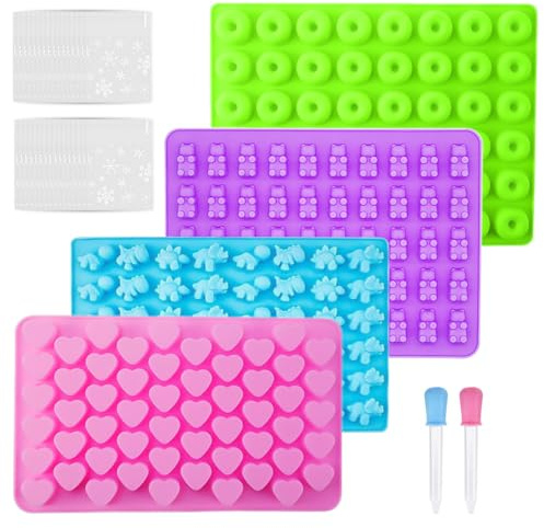 Lot de 4 Moules en Silicone de Cuisson et à Glaçons avec 2 Compte-gouttes, 100 Feuilles de Papier à Bonbons - Motifs en Caoutchouc pour Chocolat