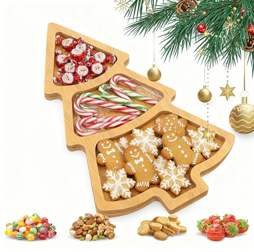 Housoutil Bambus Weihnachtsbaum Servierplatte, 3 Fächer Bambus Weihnachtliches Serviertablett in Tannenbaum-Form, Charcuterie-Brett Für Snacks, Kekse Snacks Obst Fleisch, Vorspeisen, Dessertteller