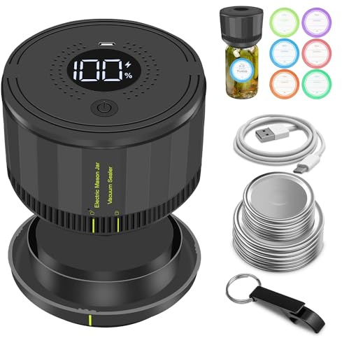 YK Siguoril Electric Mason Jar Vacuum Sealer, Auto Stop Mason Jar Vacuum Sealer Kit for Wide Mouth and Regular Mouth canning lids with Food Storage Labels for Freshness and Preservation