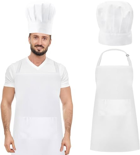DAWRIS Adult Chef Hat and Apron, Adjustable Aprons for Men Women, Kitchen Bib Apron with 2 Pockets, White