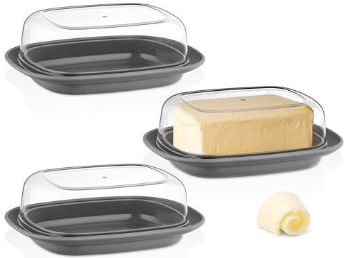 uandu Mantequera con tapa de plástico, bandeja para mantequilla con tapa, apto para lavavajillas, caja de mantequilla, recipiente para mantequilla, 3 unidades, color antracita
