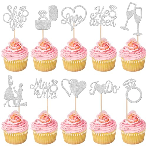 30 Pack He Asked She Said Yes Cupcake Toppers Engagement Cupcake Toppers Miss to Mrs Love Heart Ring Miss to Mrs Cupcake Picks for Wedding Engagement Party Cake Decorations Supplies Silver