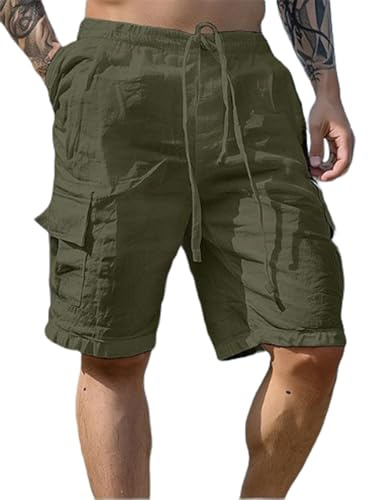 PADOLA Short Homme Coton Lin Bermuda avec 4 Poches Été Plage Cargo Shorts et Bermudas Taille Elastique Short de Travail Cordon de Serrage Uni Baggy Pantacourt Casual Décontracté (2 Vert armée, 2XL)