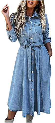 Abito da donna in denim a maniche lunghe, casual, slim fit, con bottoni, scollo a V, abito midi con colletto e tasche, abito estivo blu jeans da donna UK, Blu, XXL