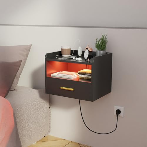HaodaCulture Table de Chevet Murale LED, Table de Nuit Suspendue, d'appoint avec Station de Charge, 16 Couleurs LED RVB, 2 Prises CA, 2 Ports USB, Chevet de Lit, Plateau 40x30x30cm