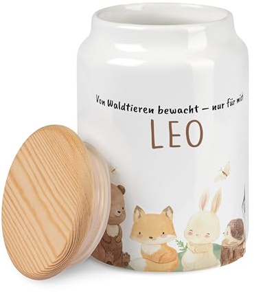 Kidsmood - Personalisierte Vorratsdose mit Holzdeckel – Keramik Aufbewahrungsbox luftdicht 650 ml – Keksdose für Kinder & Küche – Vorratsglas mit Gravur – Geschenk zur Geburt, Taufe