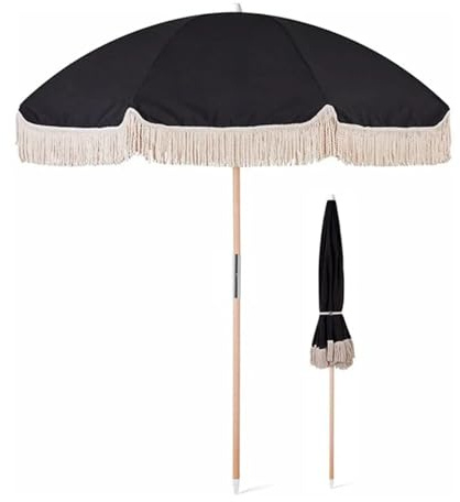 YNZUNMY Beach Umbrella, Fringed Parasol Umbrella 2m Luxury Beach Patio Umbrella Outdoor UV Protection With Ground Spike Printed Tassel For Garden Camping(Black Wooden Rod Tas)