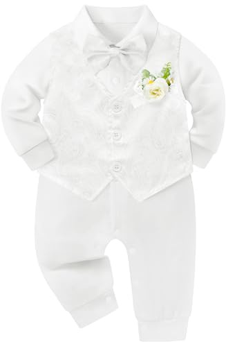 mikiumkee Baby Boy Suit Gentleman Clothes Wedding Christening Baptism Outfits Formal Jumpsuit Long Sleeve Romper+Vest White 0-3 Months