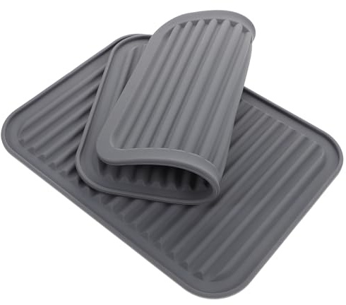 TOPPERFUN 2 Piezas Alfombrilla de Silicona para Escurrir Platos Antideslizante para Fregaderos y Encimeras de Limpiar Almacenamiento Compacto Color Gris