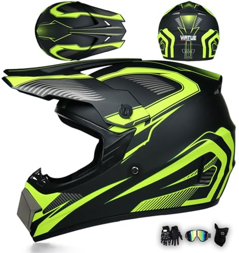 MODRYER Casco De Motocross ECE para Hombre Casco Integral para ATV Casco Todoterreno para Moto De Nieve Moto De Barro con Forro Lavable Extraíble Gafas Guantes Y Máscara,Yellow-S