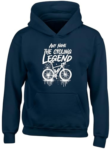 Shopagift Personalised Any Name the Cycling Legend Bicycle Kids Hoodie Hoody Hooded Top Boys Girls Navy Blue