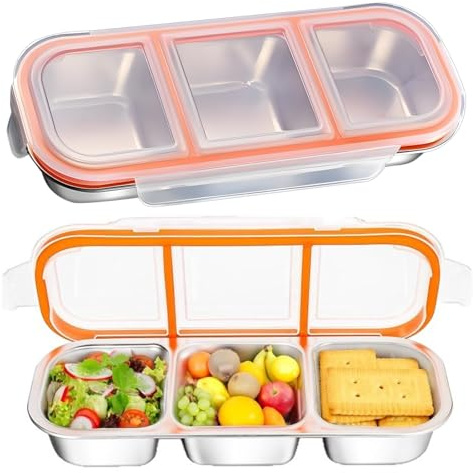 VEGCOO Paquete de 2 cajas de aperitivos de acero inoxidable, caja de aperitivos con compartimentos, caja bento pequeña de acero inoxidable, recipientes divididos para preparación de comidas con tapas