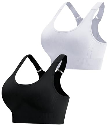 Aseniza sport-BH dam push up sport bh justerbar sportbehå med breda remmar starkt grepp utan bygel korsad rygg vadderad fitness löpning jogging yoga bh, Svart + vit, L