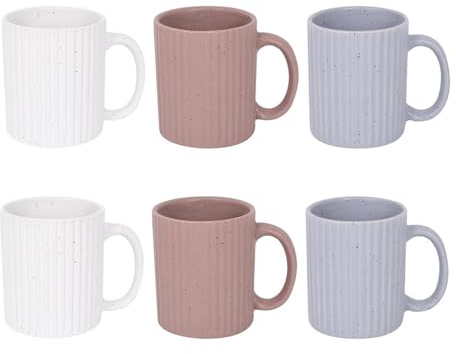 Mad About Mugs Set of 6 Stoneware Ribbed Speckle Mug – 10oz Ceramic Cup in Grey, White & Beige, Modern Durable Design, Microwave & Dishwasher Safe 9cm Coffee & Tea Drinkware