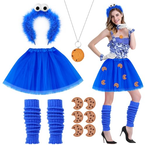 Kkluno Krümelmonster Kostüm Damen Cookie Haarreif Krümelmonster Haarreif Tutu Rock Halskette Bein Stulpen Krümelmonster Kostüm Accessories für Karneval Fasching Halloween Cosplay