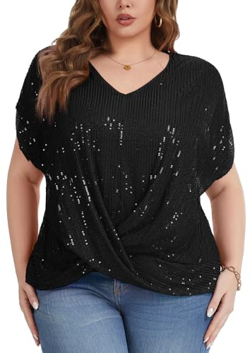 Kyzoeyou Große Größen Damen Pailletten Glitzer Tops Oberteil Kurzarm V-Ausschnitt T-Shirt Bluse Lose Freizeit Party Tunika (Schwarz 3XL)