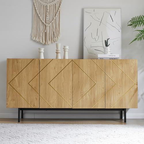 Merax Sideboard Buffetschrank mit 4 Türen, Metall-Inlay und hohen Beinen, Moderner Beistellschrank im grifflosen Design, Standschrank 160x40x78 cm, Aufbewahrungsschrank für Wohnzimmer, Naturholz
