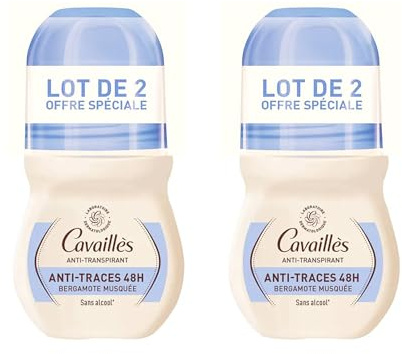 CAVAILLÈS | Anti-transpirant Anti-traces 48h - Roll-on | Bergamote Musquée | Sans alcool | Adapté aux aisselles sensibles | Testé dermatologiquement | Lot de 2x 50ml