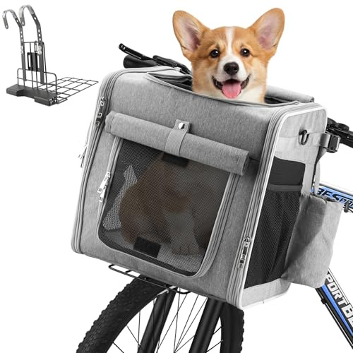 Xixter Dog Bike Basket Carrier – Secure Pet Bicycle Basket with Mesh, Safety Lanyard & Contains Metal Supports Reflective Strips for Small Dogs up to 22 lbs,Suitable for Mountain Bikes Grey