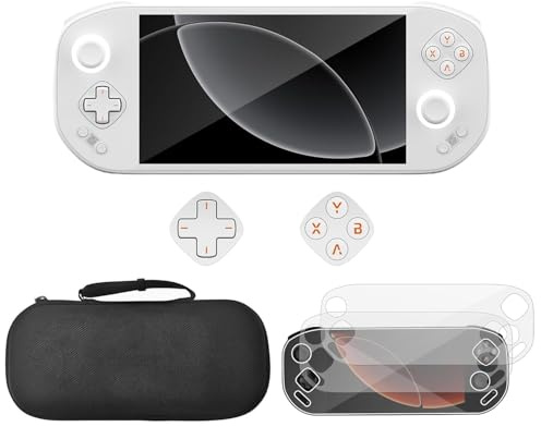 Tuvzylory Accessory Kit Compatible with MANGMI Pocket Max Handheld Console Tempered Glass Screen Protector Mechanical Button Caps Hard Shell Storage Bag Gaming Accessories Use (White)