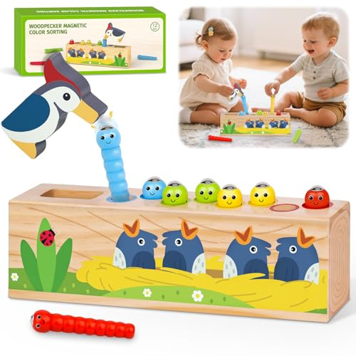 Montessori Spielzeug ab 1 2 3 Jahr Magnetisches Holzspielzeug für 1-3 Jahre | Geschenk 1 2 Jahre Junge Mädchen Baby Motorikspielzeug, Farbe Steckspiel Kinderspielzeug ab 12-18 Monate Geburtstagsgeschenke