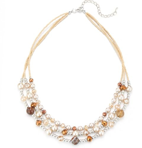 FULU AUTUMN Collier de Perles Bohème Ras-de-Cou Multicouche pour Femme Bijoux Fantaisie Statement avec Pierres Naturelles et Cristaux Cadeau Fête des Mères(Champagne Brown)