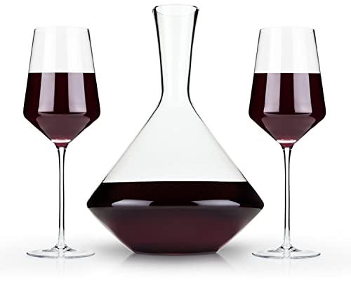 Viski Set of 3, Lead-Free Premium Crystal Clear Glass Modern, Stemmed, Flat Bottom, 16oz (473ml) and 30oz (887ml), Raye Bordeaux Decanter Set