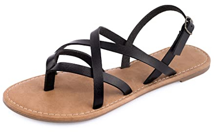 Huayuanwell Women's Gladiator Flat Sandals Fisherman Strappy Sandals Ankle Strap Sandals (6.5, Black)