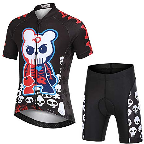 LPATTERN Kinder Radsport Bekleidung- Jungen/Mädchen Fahrrad Trikot-Set(Trikot Kurzarm+Kurz Radhose)/Radtrikot Kurzarm/Kurz Fahrradhose mit Sitzpolster,Weiß Skelett auf Schwarz(Anzug),152/158(Tag:XXXL)