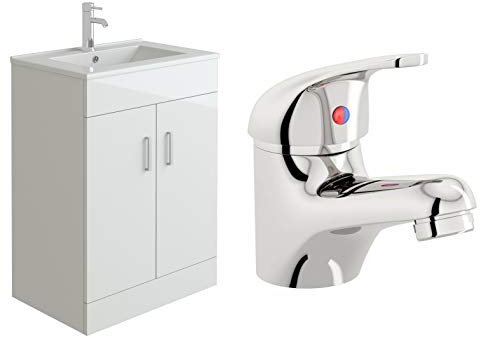 VeeBath Sphinx 600 Vanity Unit with Basin and Mono Mixer Tap, Floor Standing Cabinet Rectangular Ceramic Wash Basin for Bathroom Furniture with 2 Doors- Gloss White (Flat Pack)