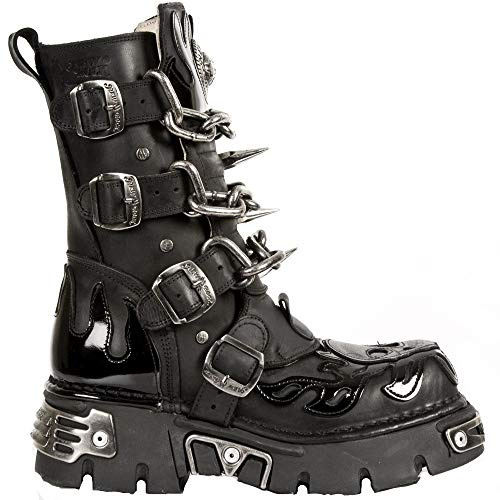 Ny rock unisex M.727-S1 svarta läderstövlar skalle kedja flamma reaktor stövlar, - Svart - 6 UK
